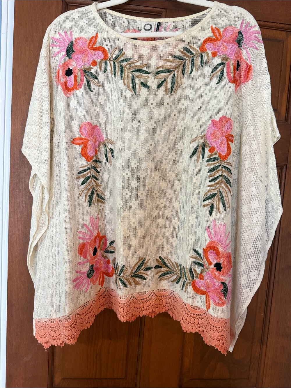 Embroidered Floral Ivory Tunic with Coral Trim